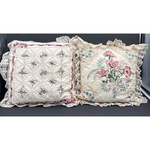 Vintage Pair Hand Embroidered Floral Throw Pillows~Granny Core~Lace Edges~